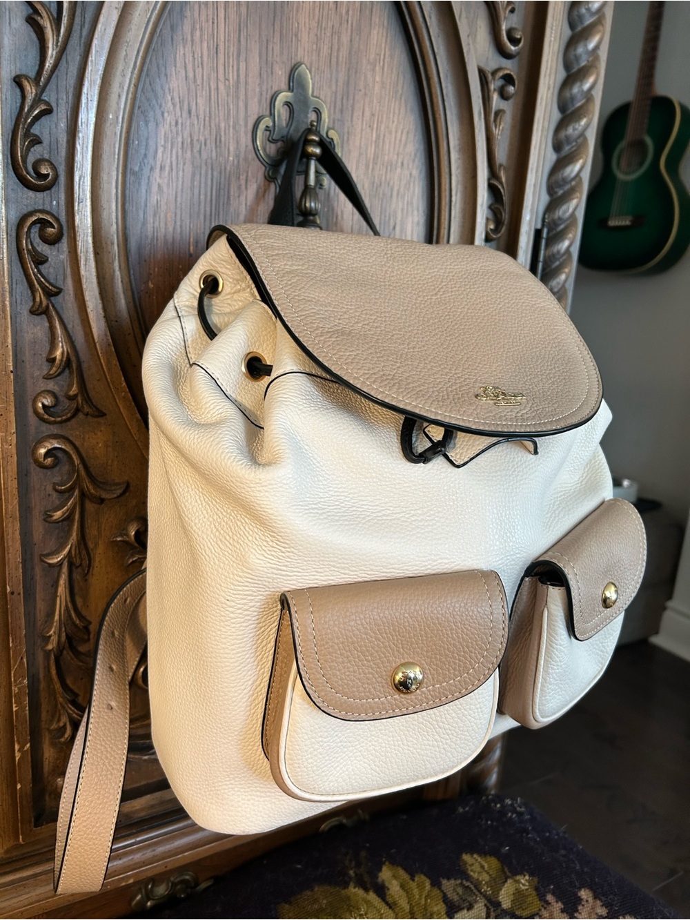 NWOT Coach Pennie Two-Tone Tan & Cream Pebbled Leather Backpack - Picture 10 of 12
